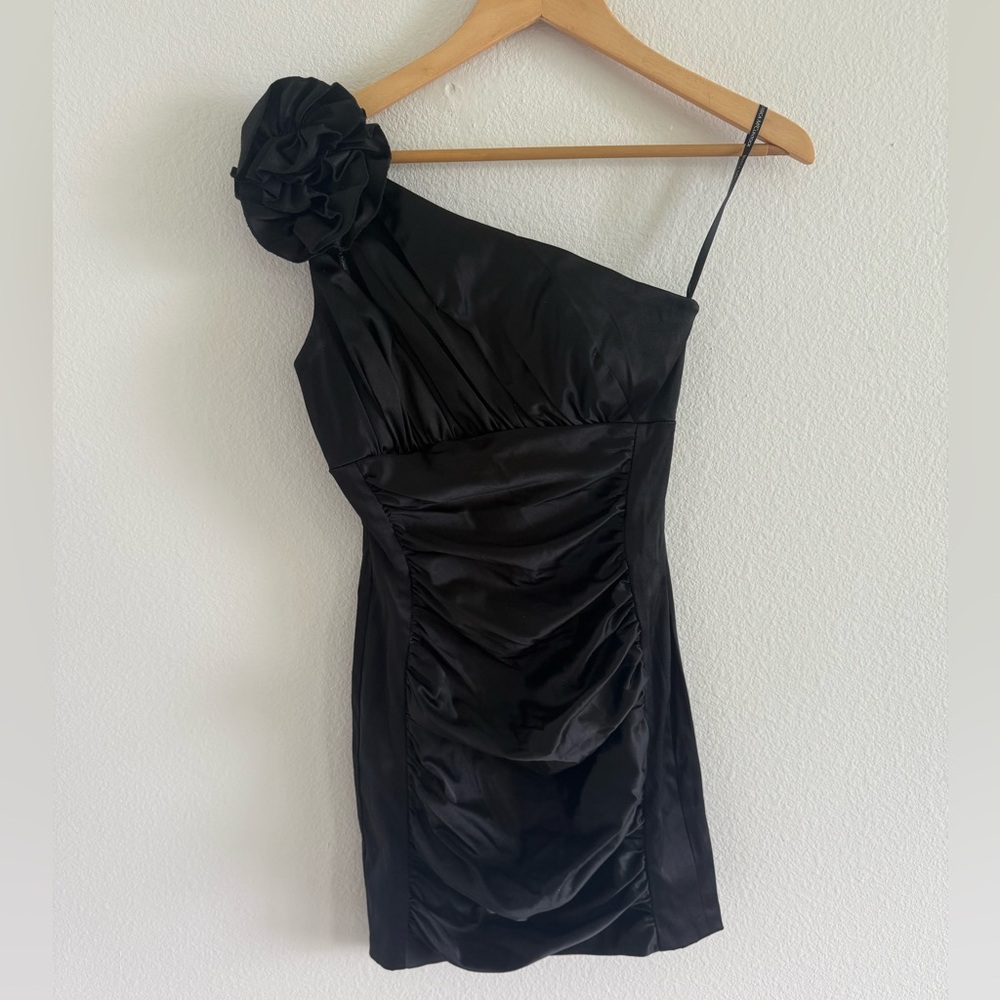 Jessica McClintock Black Ruched One Shoulder Cocktail Dress